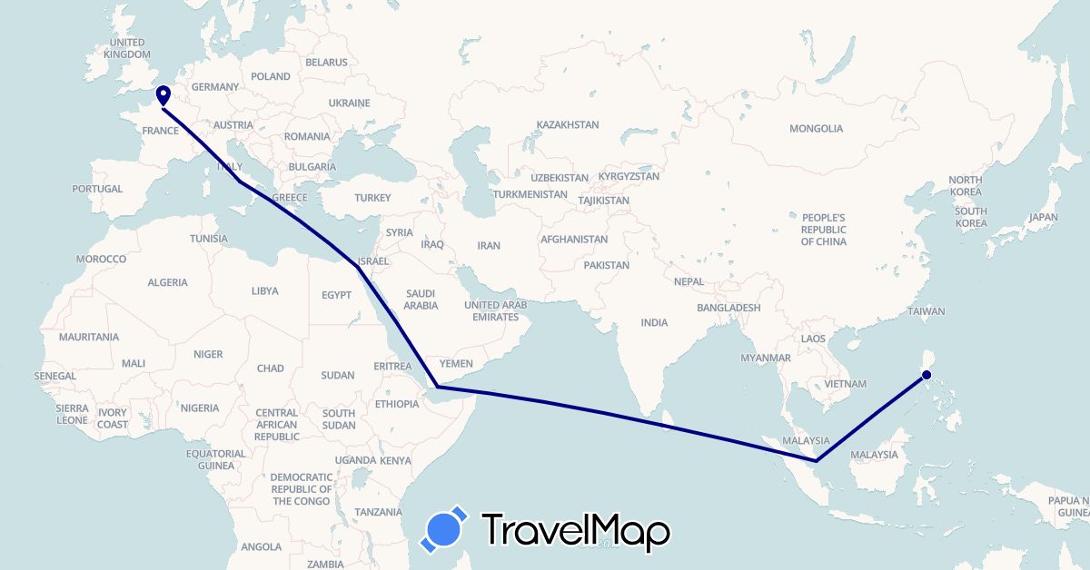 TravelMap itinerary: driving in Egypt, France, Italy, Sri Lanka, Philippines, Singapore, Yemen (Africa, Asia, Europe)